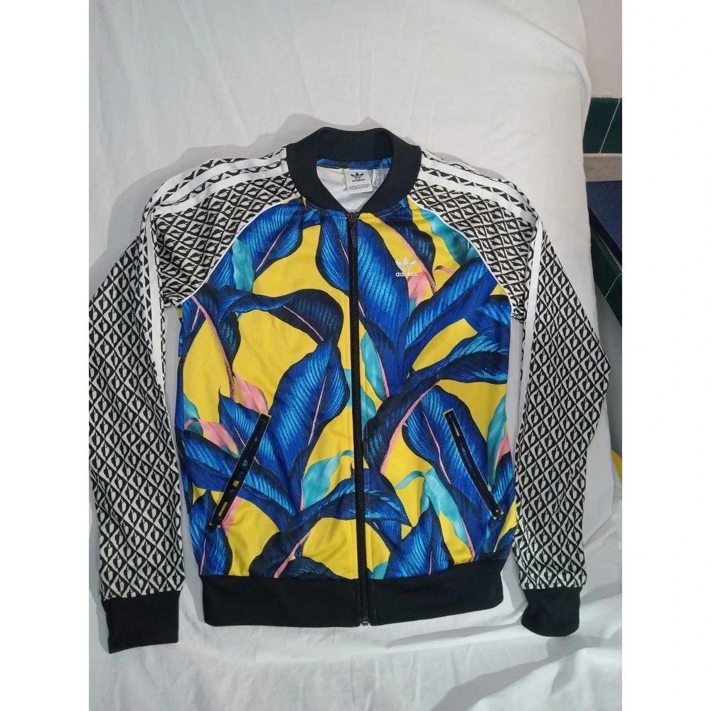 Adidas X Farm Rio Limited Edition Track Jacket Size XS Tropical Blue Yellow Leaf